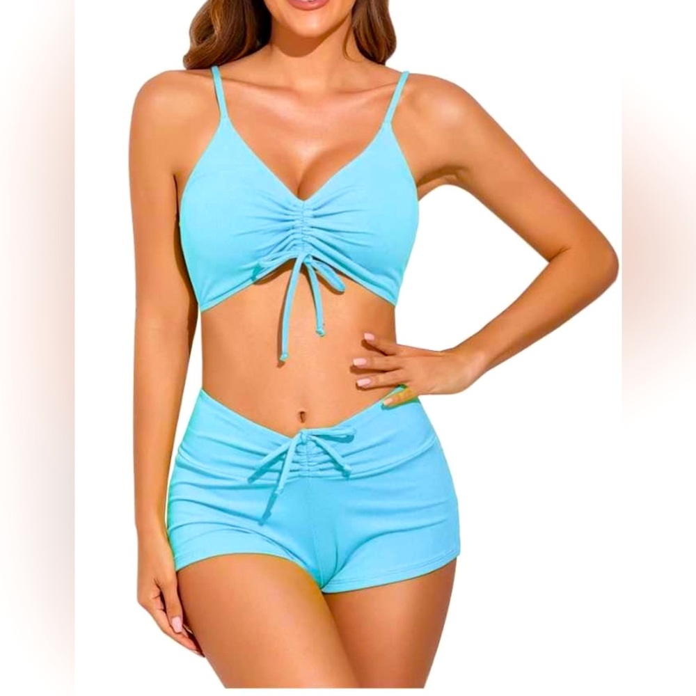 Meioro Tie Front Shorts Bikini 2Pc Athletic Bathing Suits High Waist Swim NWOT